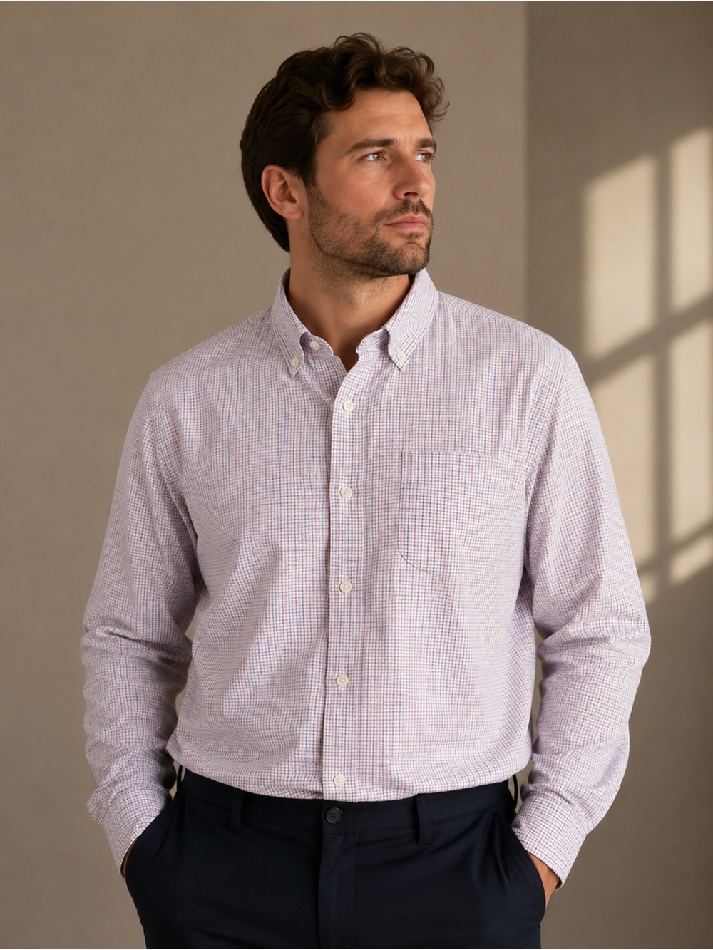 J. Crew Men's Button-Down Check Shirt in Light Lavender and White